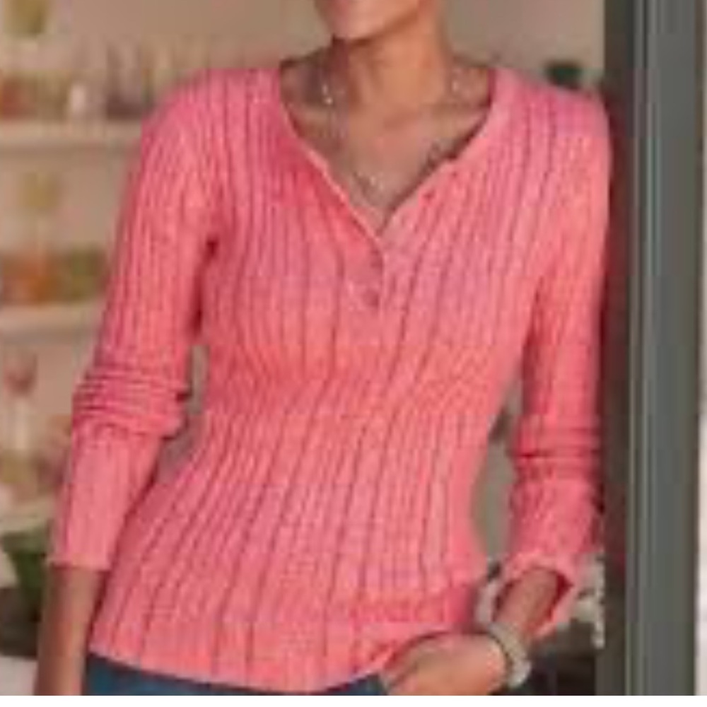 Sundance Echo Beauty Ribbed Knit Henley Sweater Coral Cotton /Silk Size SP